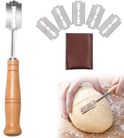 Taglierino per pane, Taglierina per Pane Bread con 6 Lamette acciaio Inossidabile, Maniglia in legno bread lame, Coltello per Segnare, per Cuocere, Intagliare Modelli di Pane Crudo