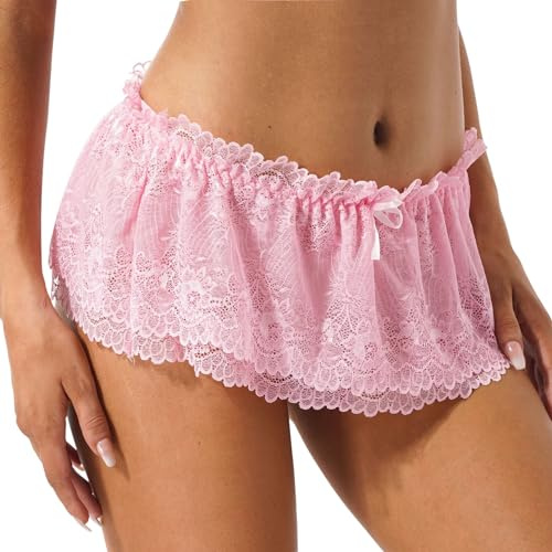 Women's Floral Lace Mini Skirt Thong Ruffled Sexy Sheer Mesh Low Rise Short Skirt with Panties Double Layer Micro Skirted Lingerie Mini Dress Puffy Underwear for Beach Vacation Clubwear (Pink)