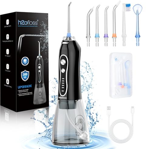 H2ofloss Water Dental Flosser Teeth Pick -Portable Oral Irrigator with 5 Modes, Rechargeable IPX7 Waterproof Orthodontic Teeth Cleaner Pick Cordless for Home Travel-300ml Water Tank