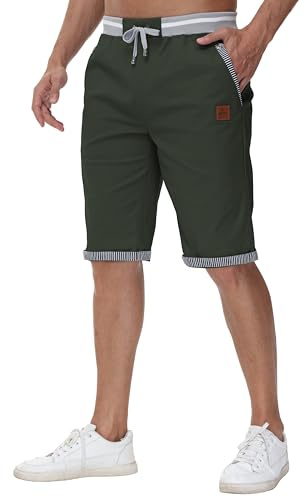 Djtnzdm Short Homme Coton D'été Bermuda Homme Cargo de Sport Leger Short Chino Homme avec Cordon de Serrage(Vert Foncé-S)