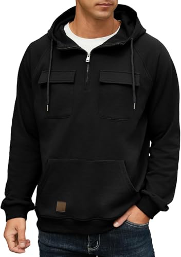 QIXING Herren Cargo Hoodie Viertelreißverschluss Sweatshirt Taktischer Pullover Lässiger Gym Sportlicher Loser Kapuzenpullover