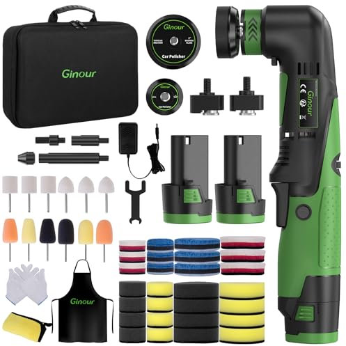 Ginour Cordless Car Polisher, 12V2Ah Batteried Car Buffer Polisher Machine, 6 Speed 2800~5000OPM Mini Polisher Rotary & Dual Action Car Polisher for Car Motorcycle Detailing, Backing Plates 2''/1.2''