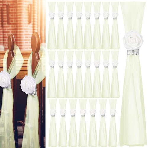 Olgaa Wedding Aisle Decorations for Ceremony Set of 24 Wedding Chair Pew Flowers Church Decorations with Artificial White Roses Flowers and Rhinestone for Weddings Party Bench Pew Aisle Decor (Green)