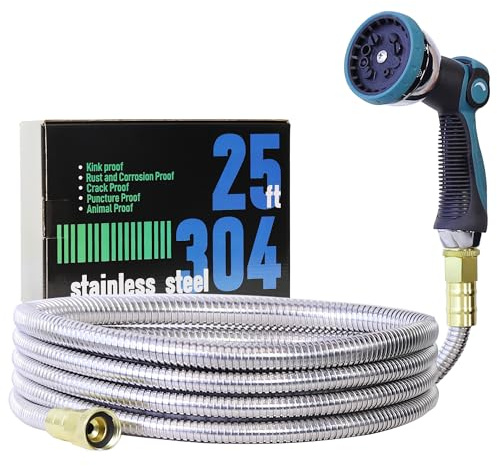 25FT Garden Hose, 304 Stainless Steel Water Hose, Flexible with a 10-Mode Nozzle Sprayer, No Kink, Lightweight, Puncture Proof, Ideal for Yard, Lawn, Outdoor, 5/8'' Outside Diameter
