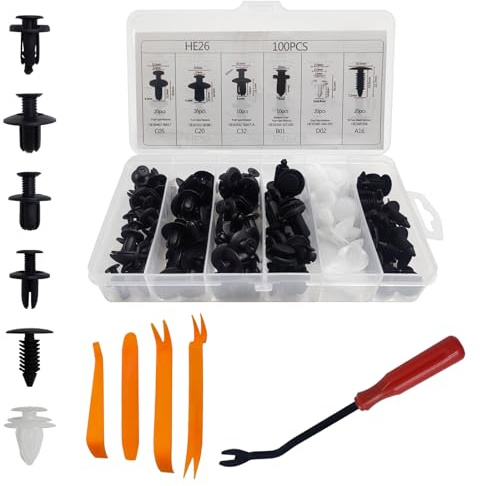 100 Stück Auto Befestigungsclips Set – Universal Kunststoff Spreiznieten & Karosserie Clips für Türverkleidung, Stoßstangen & Zierleisten – Kfz Demontage Werkzeug mit Aufbewahrungsbox