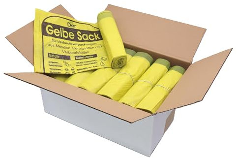 Lot de 20 rouleaux de sacs jaunes en carton (260 pièces), sacs recyclables de 90 l, 13 sacs par rouleau, avec cordon de serrage pratique, épaisseur du matériau : 15 µ