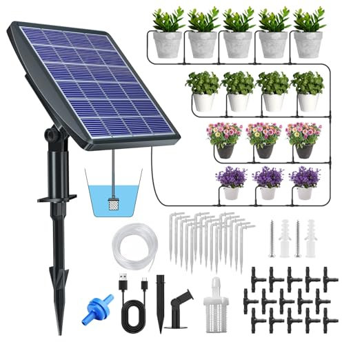 Sistema de riego por goteo solar, riego automático de jardín, riego por goteo automático con manguera de 15 m, 15 macetas, riego automático con temporizador para plantas