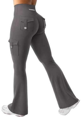 YEOREO CoreFlex Damen Flare Leggings mit 4 Pockets Invisible Scrunch Butt Sport Leggings High Waist Schlaghosen Workout Seamless Push Up Blickdicht Yoga Gym Legging Dunkelgrau M