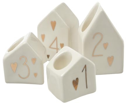 Stabkerzenhalter 4 Adventshäuschen mit Herzen für Stabkerzen Spitzkerzen Kerzenhalter mit Adventszahlen HausKerzenständer