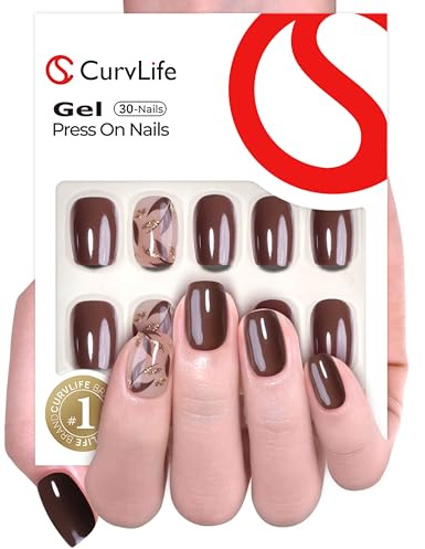 Curvlife 30pcs Press on Nails, Soft Gel Fake Nail with Botanical Brown Short Square Apricot Design, Full Cover False Nails Tips Glossy Nude Glue on Nails Artificial Stick on Nails for Women