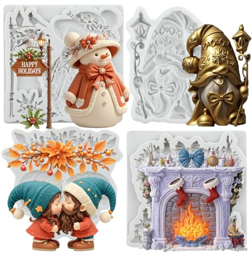 MYPRACS Gnome Fondant Mould Christmas Snowman Silicone Moulds Set of 4 | Christmas Fireplace Chocolate Candy Mould Cake Decorating Cupcake Topper Polymer Clay Gum Paste