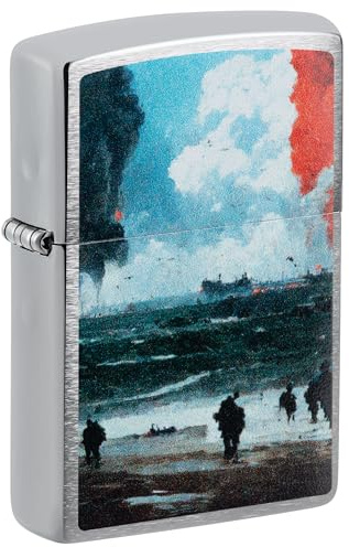 Zippo Accendino da tempesta – D-Day Landing, cromato spazzolato, Color Image – Ricaricabile – Riutilizzabile – Design antivento – Confezione regalo – Made in USA