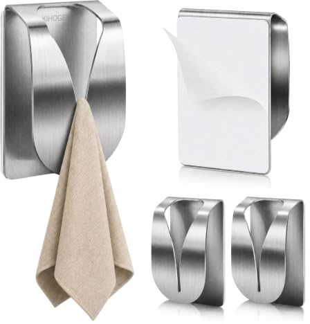 KIHOGEM 4Pcs Adhesive Kitchen Towel Holders, Stainless Steel Kitchen Towel Hooks Holder, Wall Mount Non Drilling Dish Towel Holder Hangers for Kitchen Bathroom Cabinet
