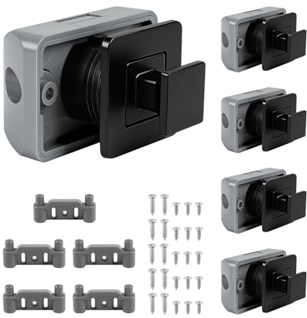 Supaway Set da 5 Chiusure per cassetti quadrate Metalliche da Campeggio, Serratura a Scorrimento Quadrata, Serratura a Pressione Senza Chiave per roulotte, Barca, Yacht, Armadio, Porta, Mobile (Nero) | Chiusura con bottone a pressione in metallo nero, per camper, barca, yacht, armadio, porta, scomparto, armadio