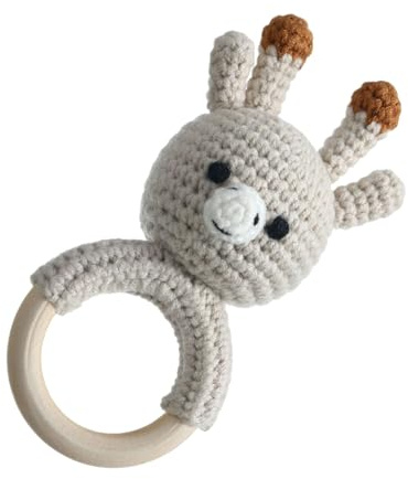 Gehäkelte Babyrassel aus Holz – handgefertigte gehäkelte Tierrassel, Beißspielzeug aus Naturholz mit glattem Ring, weiches Stofftier-Babyspielzeug mit sanfter Klangfunktion, sensorisches Zubehör