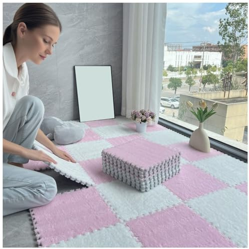 Flauschige, ineinandergreifende Teppichfliesen – 42 Stück, 30 x 30 cm Dicke Eva-Schaumstoff-Bodenmatten für Schlafzimmer, Büro, Spielzimmer, Wohnzimmer – Rosa-weißer Teppich