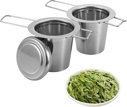 2 filtros de té de acero inoxidable, colador de té para té suelto, con tapa plegable, colador fino, colador de té de acero inoxidable 304, para taza, tetera térmica, apto para lavavajillas