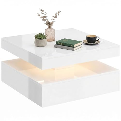 HOMCOM Mesa de Centro con LED RGB de 7 Colores 78x78x40 cm Blanco