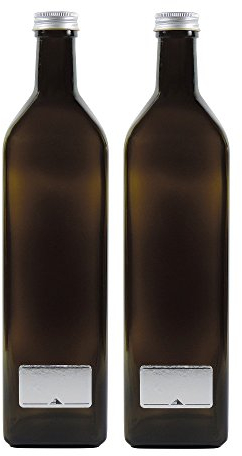 mikken 2x grün-braune Glasflasche 1000ml, Ölflasche inkl. 2 Beschriftungsetiketten
