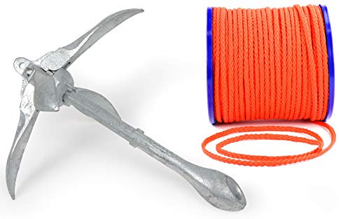 wellenshop Klapp-Anker 2,5 kg + Ankerleine 15 m Ø 8 mm Schwimmfähig Kunststoff Polyethylen PE Orange Faltklappanker Faltanker Stahl Verzinkt