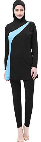 BOZEVON Kvinnor Full Längd Muslimska Badkläder Kostym 2 stycken Långärmad Baddräkt, Svart+blå, 2XL