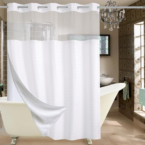 Conbo Mio No Hook Shower Curtain with Snap in Liner Set, Hotel Luxury White Shower Curtains for Bathroom with See Through Top Window, Waterproof, Washable 71W x 74H