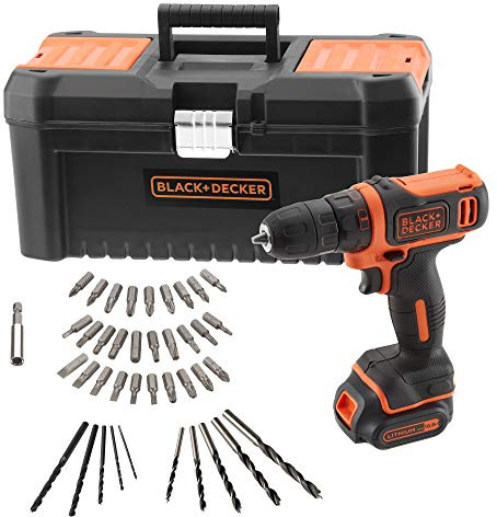 BLACK+DECKER BDCDD121KA-QW Akku-Bohrschrauber 10,8 V mit 1 Akku 1,5 Ah Lithium, 40 Zubehörteile und Werkzeugkoffer 16 Zoll