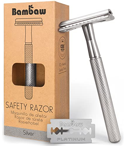Bambaw Rasierhobel Herren mit 5 Rasierklingen | Rasierhobel Metall | Hobel Rasierer Herren und Damen | Eco Rasierer Metall | Rasierhobel Rostfrei | Safety Razor | Silber