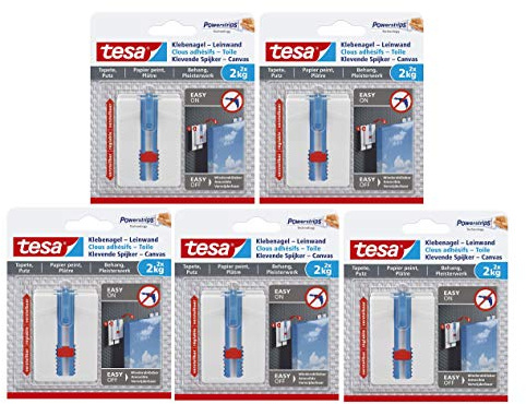 Tesa 77779 Leinwand Tapete & Putz Klebenagel Tapeten & Putz-höhenverstellbar-Selbstklebender ideal für Leinwand & Keilrahmen-Halteleistung 2kg/Nagel-spurlos ablösbar, Weiß (2kg - 10 Klebenägel)