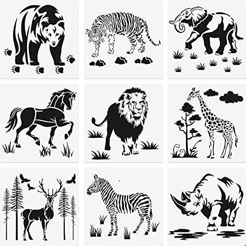 Zonon 9 Pcs Animal Stencil for Painting, Reusable Animal Template, 8 Inch | Bear Tiger Elephant Horse Lion Giraffe Zebra Rhino, for Painting on Greeting Cards, Wall Art Crafts, DIY Home Decor