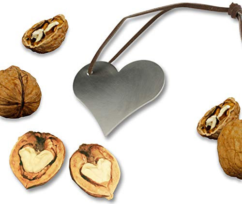 2 cascanueces de acero inoxidable auténtico, forma de corazón, incluyen correas de cuero, 5,2 x 5,9 cm, envueltos en celofán, ideal como colgante o regalo pequeño