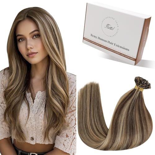 Hetto Bonding Extensions Echthaar Mittelbraun & Goldblond Highlights 50 Stück 1g/Stück – Sicherer Halt, Zum Erhitzen, Für Trendbewusste Frauen, Perfekt für Alltag, Für kurze Haare, 35cm #p4/27