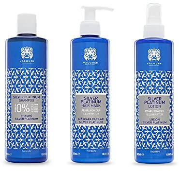 Valquer Pack Silver Platinum Champú Matizador 400 ml, Mascarilla 275 ml y Loción 300 ml para Cabello Blanco, Gris, Rubio y con Canas. Ideal para Pelo Decolorado con Malakita y Pantenol. Vegano.