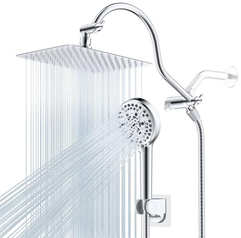 Hibbent All Metal CUPC Certified Shower Head, 10'' High Pressure Rainfall Shower Head, Handheld Showerhead Combo, 12'' Adjustable Extension Arm, 10 Sprays, 71'' Shower Hose, Showerhead Holder, Chrome