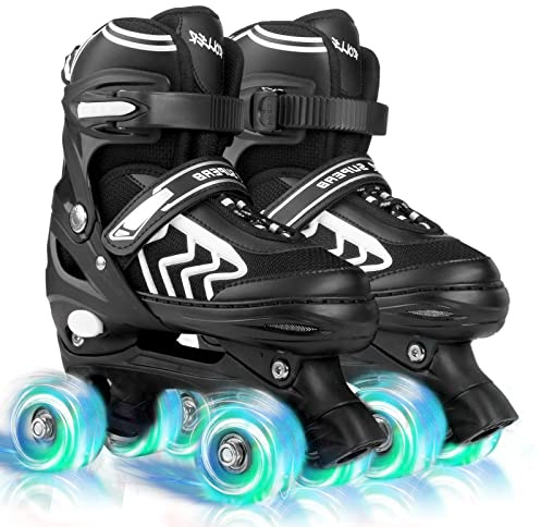 Kids Roller Skates for Boys Girls Children Beginners, 4 Sizes Adjustable Roller Skates for Child Toddler Ages 4-6-12 with 8 Light up Wheels (Large - UK 4-7, Black & White)