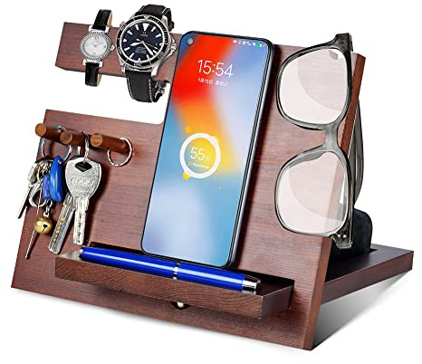 AliveByte Männer Holz Telefon Dockingstation Geburtstag Männer Papa Geschenk Vatertag Nachttisch Organizer Jahrestag Weihnachten Geschenke für Ehemann Vater