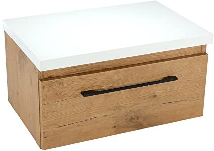 Lavabo moderno effetto rovere con piano lavabo bianco lucido laccato 60 mobili da bagno con manici neri