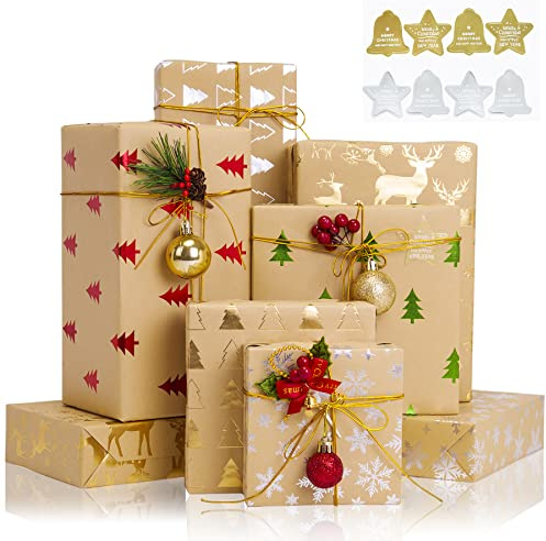 Toptime Weihnachts Geschenkpapier, 6 Bögen Metallic-Geschenkpapier mit Aufkleber, Weihnachtspapier mit Hirsch- und Schneeflockenmuster, Geschenkverpackungen für Feiertage, Partys (70x50cm)