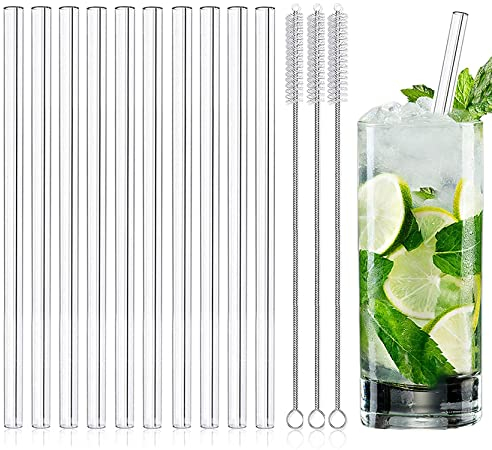 10 x Glass Drinking Straws Straight Handmade Reusable Clear Straws Set with 3 Brushes - Healthy Eco Friendly Free of BPA Glass Straws (Transparent, 10 Straight)
