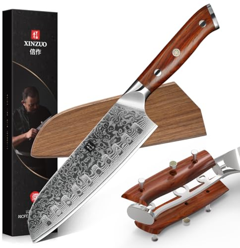 XINZUO 18cm Damaststahl Santokumesser, Damastmesser Chefmesser Profi geschmiedet Kochmesser, Scharfe Klinge Küchenmesser- ergonomischer Rosenholz Griff- mit Walnussholz Magnetscheide -Yu Series