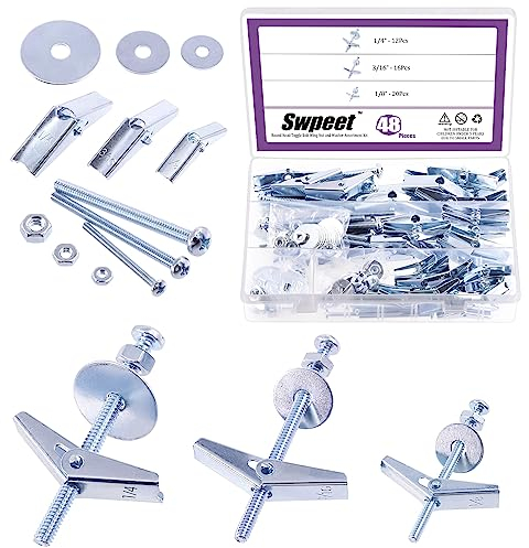 Sweet Set di 48 bulloni a levetta e dadi esagonali, rondelle, kit assortimento, tasselli a farfalla per appendere oggetti pesanti su cartongesso - 1/8 pollici