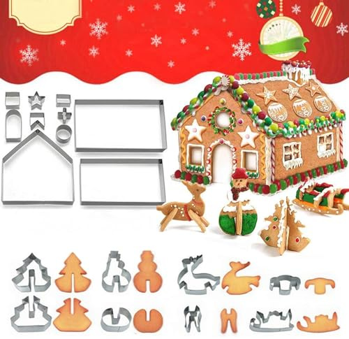 WishesMar Weihnachten Lebkuchenhaus Ausstechformen Set 18 Stück Keks Ausstecher Haus 3D Cartoon Ausstechform für Winter, Feiertage – Keksformen aus Edelstahl zum Backen, DIY, festliche Dekoration