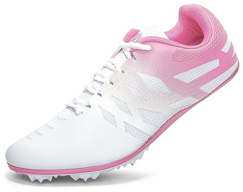 Leichtathletikschuhe für Herren, Damen, Kinder, Jungen, Mädchen, 8 Spikes, 100–400 m, Laufschuhe, Rennschuhe, professionelle Sprint-Sport-Sneaker, Weiß, Pink, 32.5 EU