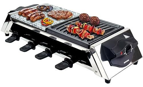 Syntrox Edelstahl Raclette Emailliert Gent für 8 Personen. Rundum-Genuss-Set, Steaks vom heißen Stein, Antihaftbeschichtung, Fettarmes Grillen, Leichte Reinigung