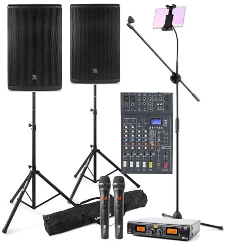 VONYX Professional Karaoke Setup with PD412A Active Speakers, Mixer, Wireless UHF Microphones & Adjustable Tablet Stand - Home Karaoke System with Screen for Parties & Pub Events