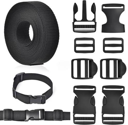 GGXZHT Nylon heavy webbing Strap, 5M Backpack Chest Strap with 10 Tri-Glide Slides Clip，10 Ladder Slider Adjust Lock Buckles and 10 Flat Side Release Buckles for DIY Craft Backpack Strapping.(25mm)