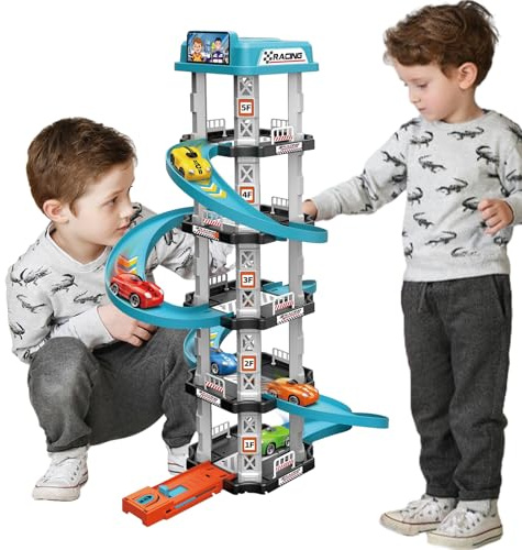 Lembeauty Juguete de Garaje para Coche, Juego de Juguetes de Garaje para niños,Juego de Pista de Carreras para niños - Pista de Carreras de Autos para niños pequeños de 1 a 3 años con 2 Autos