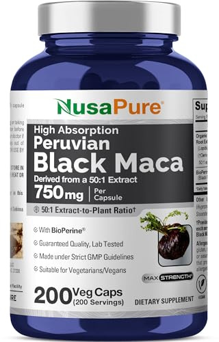 NusaPure Peruvian Black Maca Root, 750 mg, 200 Veg Capsules ((Non-GMO, Vegan)