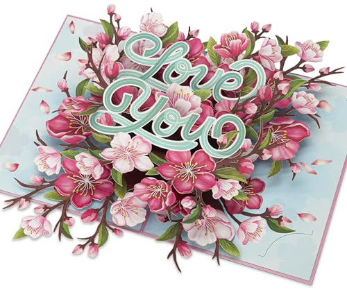 POPWOW Floral Cherry Pop Up Cards, Love You, 3D Greeting Cards, Ideal Gifts for Birthday, Mothers Day, Valentines Day, Mom, Wife, Her, Girlfriend, Daughter, 5x7 - Includes Envelope And Message Note