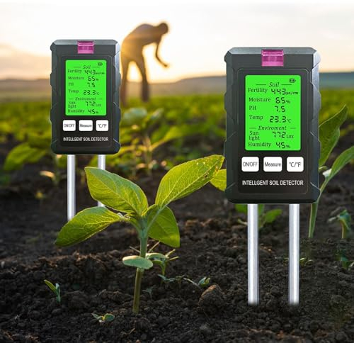 6 in 1 PH Wert Messgerät Erde, Bodentester Bodenmessgerät Feuchtigkeitstester Fruchtbarkeit PH Wert Temperatur Bodenfeuchtigkeit Licht Luftfeuchtigkeit Tester für Gewächshaus (Keine AA Batterie)